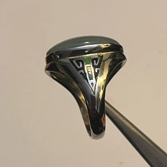 ANTIQUE 10K WHITE GOLD "UNISEX" RING w/NATURAL GREEN MOONSTONE&ENAMELS, ART DECO - Picture 7 of 12